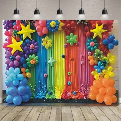 1. 色彩鲜艳的气球和星星摄影背景 - 彩色毕业典礼、生日派对横幅，带有黑板和铅笔设计，适用于教室装饰、家庭合影和活动装饰、毕业派对装饰