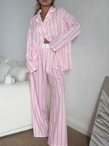 Nina Bonheur 两件套女士宽松舒适透气条纹长袖上衣和裤子睡衣套装，适合居家休闲、秋冬季穿着。 - 粉色 - 查看 5