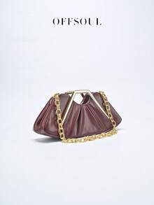Vintage Asymmetrical Ruffle Cloud Clutch Bag, Unique Metal Hardware Handbag, High-End Retro Clutch Purse For Party, Banquet - 酒紅色 - 查看 5