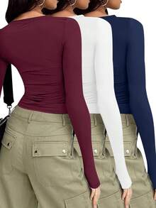 3件套女士纯色基础款长袖T恤，适合秋冬季休闲穿着 - 彩色 - 查看 5