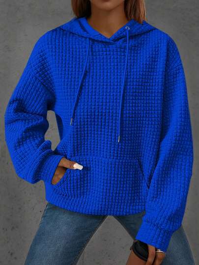 Plus Size Women Fashion Loose Simple Solid Color Jacquard Knit Hoodie Sweatshirt