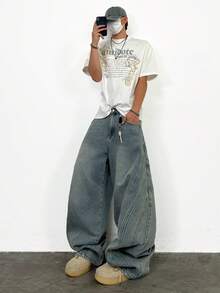 1 quần jeans ống rộng thường ngày cá tính, chắp vá cổ điển dành cho nam, quần ống rộng thoải mái phong cách đường phố - Màu xanh lam - Xem 7