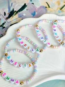 1 pieza Pulsera personalizada con nombre, regalo exclusivo personalizado, estilo suave, hermoso color, elástica, pulsera bohemia con cuentas, para mamá, hermana, hermana menor, familia, Navidad, Año Nuevo, familia, amigos, boda, novia, dama de honor - Multicolor - Ver 8