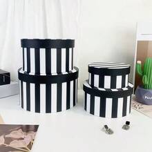 Black & White Striped Round Gift Box Set, Lidded Paper Storage Box, Suitable For Gifts And Home Organization - Black and White Stripes - View 4