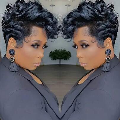 Short Pixie Wigs Short Black Curly Pixie Wigs Synthetic Hair Wigs  Natural Wavy Black Pixie Cut Wig Short Curly Layered Pixie Wig