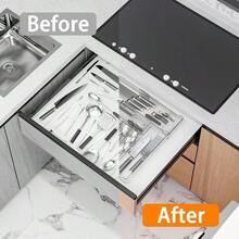 Organizador de cajón de cubiertos TFKI, bandeja de utensilios expandible para cajones de cocina, soporte de cubertería y cubiertos, almacenamiento de plástico ajustable para utensilios como cucharas, tenedores, cuchillos. Transparente - claro - Ver 4