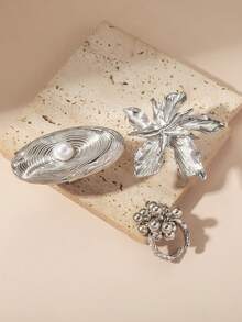 3 piezas de anillos con flores grandes de metal exageradas, bolas pequeñas y formas espirales, anillos de dedo con patrón floral de moda (calidad optimizada) - Juego de 3 piezas plateado X2060 - Ver 2