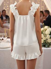 Satin Silk Pajamas For Women Summer Outfits Loose Fit Stylish Solid Color Ruffled Trim Tops With Shorts Lounge Wear 2 Pcs Set - Ivory - View 7