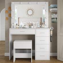 Yanosaku Vanity Desk With Mirror & 11 LED Lights, Makeup Vanity With Power Outlets, 5 Drawers & Chair, Perfect Gift For Daughter Or Wife, White - Xem 1