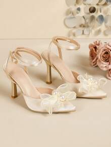 Women's New Pearl Bow Pointed Toe High Heel Elegant Pumps,Party Outfits - Champagne - View 5