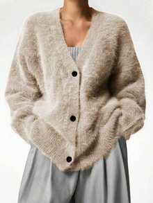 女士纯色落肩长袖单排扣休闲开衫，优雅别致的仿羊绒毛衣，驼色