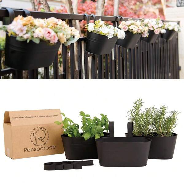 3 Pcs Black Metal Hanging Flower Pots For Railing Fence, Outdoor Planter Window Flower Planter With Removable H...