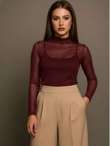 Women's Long Sleeve Tulle Blouse With High Neck, Elegant, Simple, Sheer, No Transparency, Suitable For Evening, Stage, Concerts, And Beach. - Màu Đỏ Sâu - Xem 5