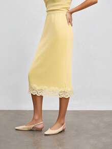 Womens Satin Midi Skirt Stylish Elegant Solid Color Lace Trim Slim Fit Mid Rise Skirt - Yellow - View 6