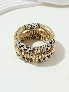 Set de 3 piezas Pulsera vintage bohemia de múltiples capas con estampado de leopardo y cuentas de acrílico, de lujo y alta gama para mujeres, parejas, fiestas y uso diario