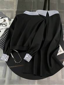 女士新款时尚条纹撞色拼接灰色卫衣通勤套装，两件套上衣和裙子，黑色春季款 - 黑色 - 查看 2