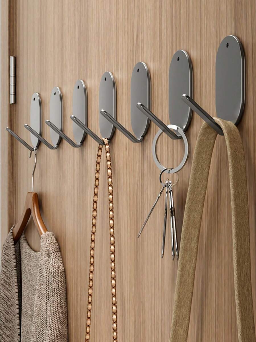 5pcs Strong Adhesive Hooks, No Drilling Needed, Stainless Steel Wall Hanger For Kitchen, Bathroom, Bedroom, Towel, Coat, Keys, Bags
