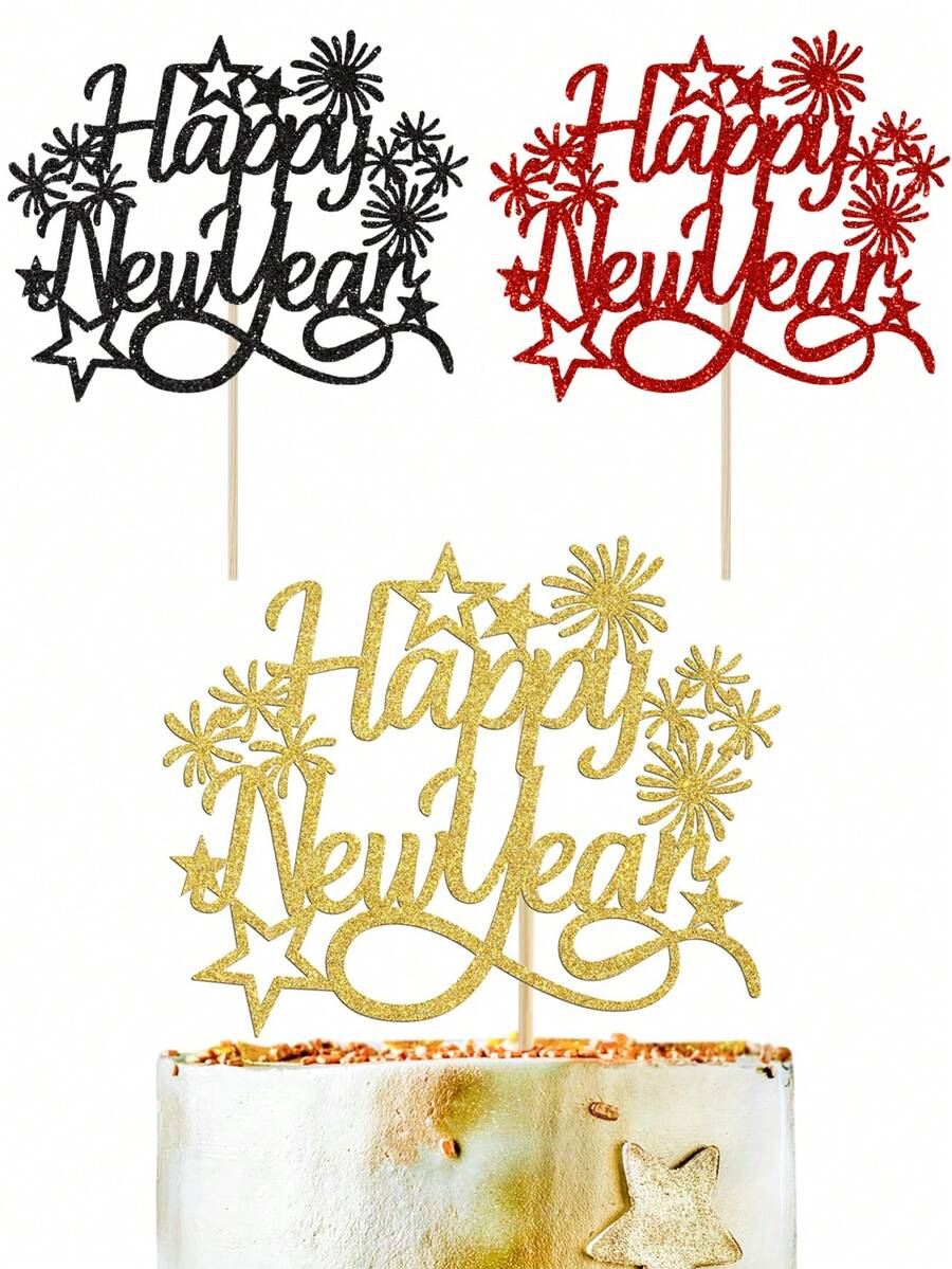 1 pieza Decoración para pastel de Año Nuevo con fuegos artificiales brillantes en dorado, rojo y negro, para celebración de Año Nuevo, reuniones, fiestas con amigos, decoración de postres