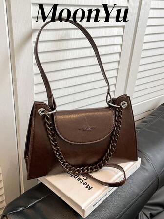 Women's Shoulder Bag, Fashion Minimalist Metal Chain Decor Saddle Bag, Vintage PU Leather Coffee Color, Autumn/Winter