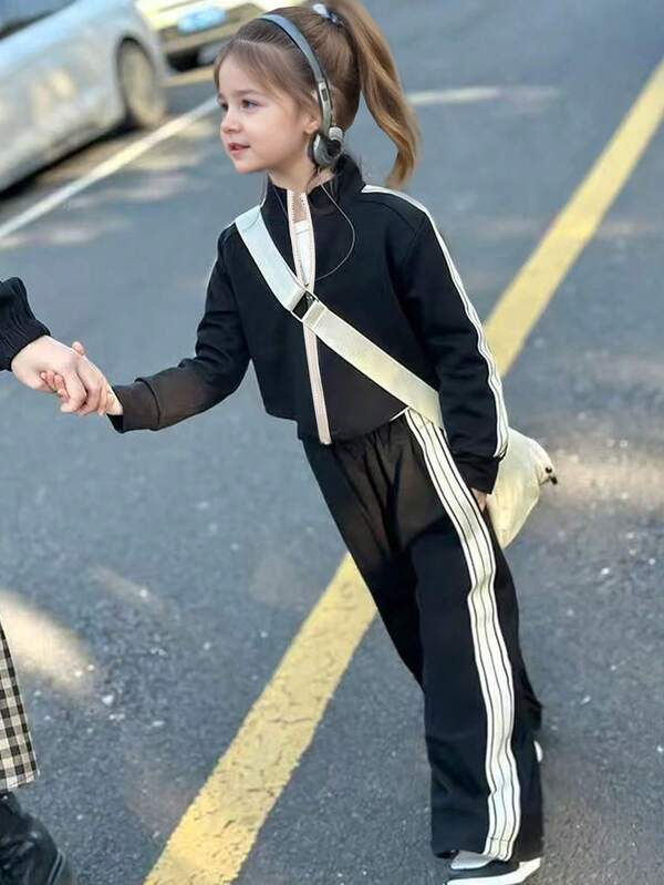 Young Girls Activewear Set, Side Color Contrast Stripe Design Stand Collar Zip Long Sleeve Top + Side Color Stripe Straight Pants Fashion Sports Set, Suitable For Casual Daily Wear & Light Exercise, Outdoor Activities, Spring & Autumn