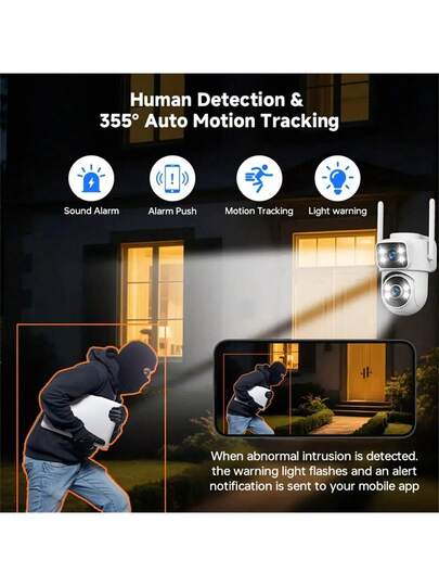 1440P HD Dual Lens Slimme Home Surveillance Camera, 355° Rotating Wireless Security Indoor Outdoor Supports 2.4G/5G WiFi, AI Human Tracking, Night Vision Two Way Audio, Multi Sharing, Real Time Alerts, USB Power Supply, Security. view 8