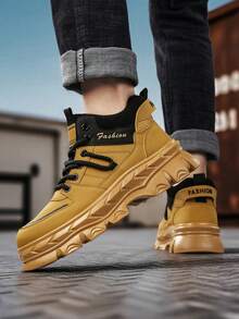 Men's High-Top Fashion Work Boots, Casual Vintage Comfortable Elevator Outdoor Hiking Shoes - Earthy Yellow - View 3