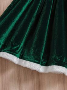 Girls Christmas Plush Set: Hooded Jacket + Sleeveless Dress, Fluffy Trim Decor, Suitable For Holiday Parties & Gatherings, Soft Plush Fabric, Red & White Fluffy Trim Creates Festive Christmas Vibe. Hooded Jacket For Warmth, Sleeveless Dress With Adorable Neckline Design, Autumn/Winter - Green - View 7