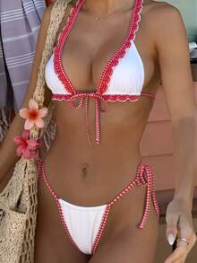 PEPPERMOLLY 2026春夏爆款多色花朵两件式泳衣，露背挂脖设计，随机印花，夏季海滩度假必备性感修身比基尼 - 紅白色 - 查看 1