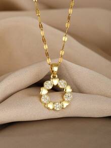1pc Creative Personalized Heart Geometric Pendant Stainless Steel Necklace, Suitable For Children, Family, Friends To Wear At Parties, Banquets, Dates, Travel, Vacations, Also As Daily Decoration Or Children's Birthday Gift - Gold - View 4