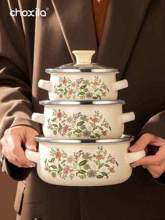 choxila 3pcs/Set Enamel Soup Pot, Double-Handled Boiling Pot, Covered Stew Pot, Rice Cooker, Household Multi-Functional Pot, Compatible With Induction Cookers And Gas Stoves, Scratch-Resistant And Durable, Suitable For Home Kitchens And Restaurants