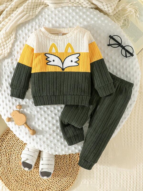 2枚組 ベビーボーイズ リブクルーネック 長袖スウェットシャツ と 無地パンツ セット、秋冬カジュアルアウトフィット