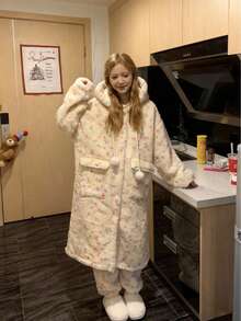 Coral Fleece Hooded Robe Pajama Set For Women, Warm & Cozy For Autumn/Winter - Multicolor - View 5