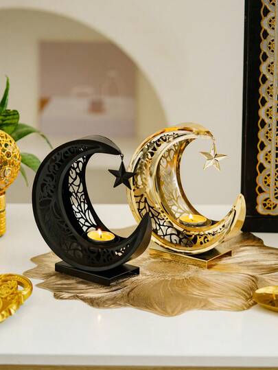 1Pc Moon Candlestick Metal Material Luxury Style Elegant Exquisite Tea Light Holder & Ornament Home Decoration Perfect Gift Idea Suitable For Festival Party Home Hotel Restaurant Living Room Tabletop Decoration