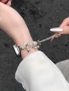 Correa de pulsera de metal con cuentas de piedra natural con forma de corazón, adecuada para Galaxy Watch 7/6/5/4 de 40 mm, 44 mm, 47 mm, 46 mm, 41 mm, Galaxy Watch 5 Pro de 45 mm, Galaxy Active 2, Galaxy Watch 3, de 18/20/22 mm, compatible con HW Watch 5/4/3/1 y GT6/5/4/3/2, así como HW Watch Fit3/Fit4 y HW Band 8/9/10NFC - Blanco - Ver 4