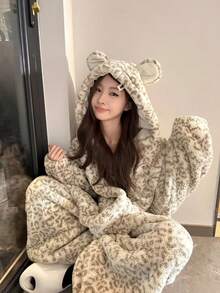 两件套豹纹浴袍套装，带帽珊瑚绒卡通风格浴袍 - 冬季保暖珊瑚绒卡通动物连帽浴袍，带帽浴袍配有大口袋和袖口，圣诞礼物长袖保暖加厚纽扣休闲家居服套装，女士睡衣套装，秋冬季，圣诞礼物，新年礼物 - 彩色 - 查看 9