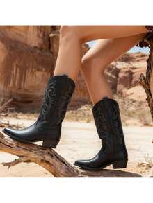 Lurnyet Cowboy Boots For Women Cowgirl Western Boots Fashion Embroidery Stitched Chunky Heel Mid Calf Boots WACOW-2 - màu đen - Xem 5