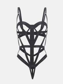 女士性感法式蕾丝睡衣露背连体衣套装 - 黑色 - 查看 1