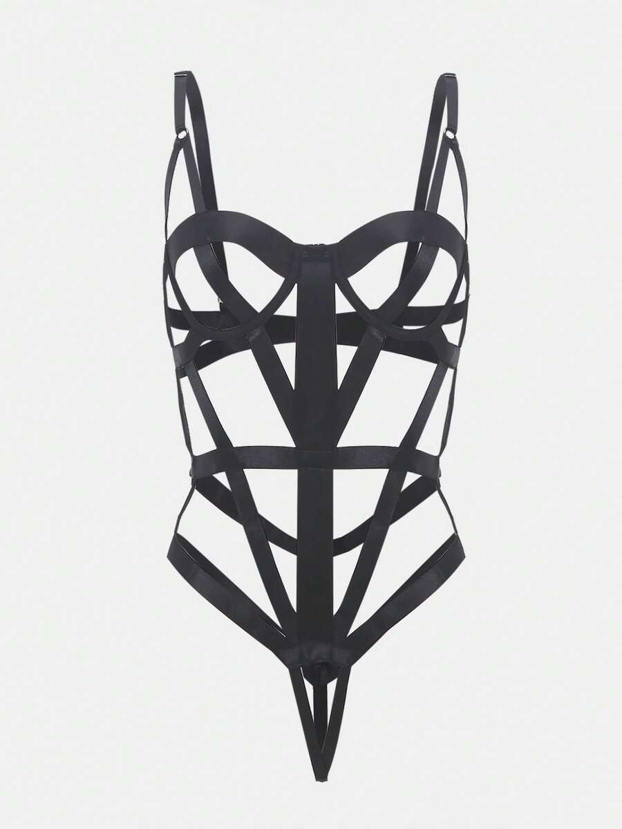 女士性感法式蕾丝睡衣露背连体衣套装 - 黑色 - 查看 1