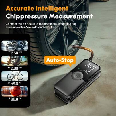 CARSUN Gonfleur de pneu Carsun, compresseur d'air portable, pompe à air pour pneus, 150 PSI, pompe à air portable pour pneus de voiture avec manomètre, arrêt automatique, éclairage LED, pompe à air électrique 5200 mAh pour gonflage rapide pour voitures, motos, vélos, pneus, ballons, accessoires pour femmes automobiles