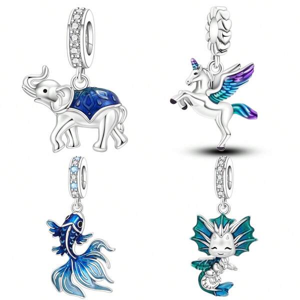 CYCUFF 1 pieza Colgante de animal plateado con baño de plata, colgante lindo de elefante, pez luchador, unicornio, dragón, colgante lindo de niño o niña para hacer pulseras, collares, joyería DIY, apto para regalos de cumpleaños y regalos para mujeres
