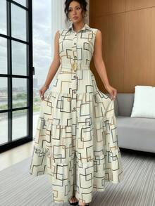 New Women's Slim Fit V-Neck Dress With Graphic Print, Buttons, Sleeveless And Fitted Waist - Sizes S M L - 白色 - 查看 3