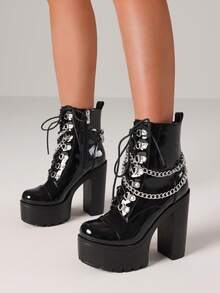 Y2K Gothic Platform Ankle Boots For Women Fashion Block Chunky High Heels Punk Chain Decoration Lace-Up Side Zipper Party Cosplay Boots Woman - Bằng sáng chế đen - Xem 5