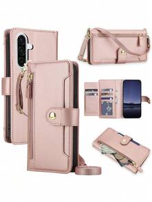Crossbody PU Faux Leather Wallet Case Suitable For Galaxy A57 A37 A17 A07 A56 A36 A26 A16 A06 A55 A35 A25 A15 A05 A05S A54 A24 A14 A04 A04S A73 A53 A33 A13 A72 A52 S26 S25 Edge S24 S23 S22 S21 FE Plus Ultra, Kickstand Zipper RFID Blocking Mobile Phone Bag With Wrist Strap Cover - Rose Gold - View 3