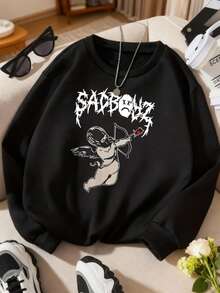 Hombre004 Parte superior de ropa para casa, cómoda y abrigada Sudadera de cuello redondo de moda,top deportivo y jersey informal con envío local desde México Camisa negra con diseño atrevido de un ángel con arco y flecha, portador de una rosa roja y el texto "BADBOY", perfecta para un estilo urbano y distintivo - Negro - Ver 1