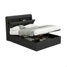 Elegant Upholstered Bed, 140 X 200 Cm, Hydraulic Bed, Concealed Headboard Storage, Slatted Base, PU, With Slatted Base And Headboard, Without Mattress, Black - Black - View 10