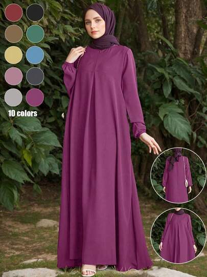 优雅长袖圆领卡夫坦连衣裙，带口袋，女式休闲简约风格，采用舒适的无弹力机织面料制成