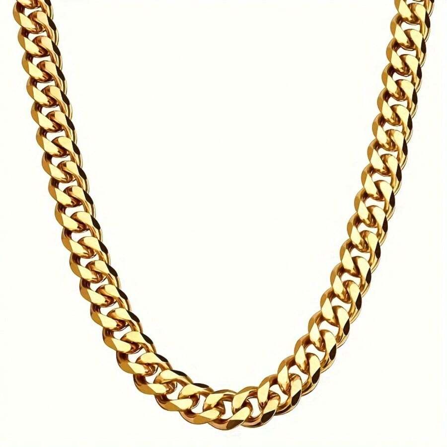 1pc 7mm Solid Copper 18K Gold Plated Cuban Link Chain Necklace With 5cm Extension Chain, Unisex Hip-Hop Style Fashion Necklace - Gold - View 1