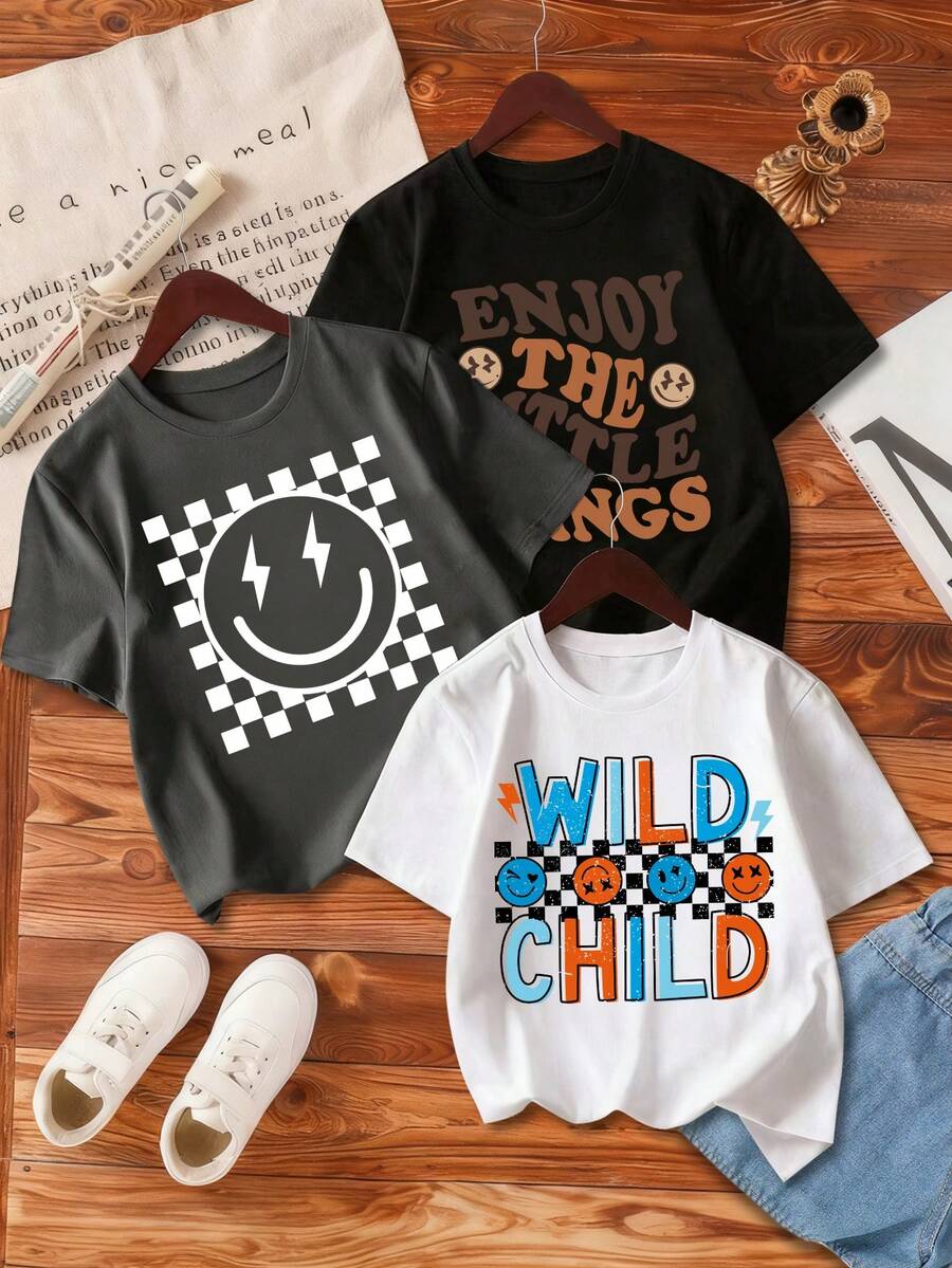 3pcs Young Boy Letter Print Short Sleeve T-Shirt Set - Multicolor - View 1