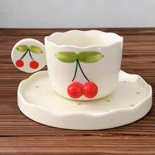 Korean Style Hand-Painted Cherry Blossom Relief Ceramic Cup & Saucer Set, Cute Afternoon Tea/Coffee Mug - Multicolor - View 8