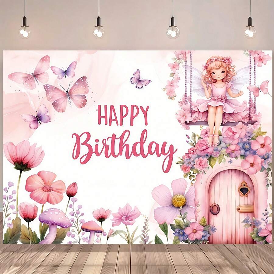 1 Pc Floral Fairy Birthday Party Banner, Spring Fairy Tale Pink Butterfly Floral Pattern Photography Background, Happy Birthday Banner, Suitable For Birthday Party Decorations, Cake Table Decorations, Home Garden And Living Room Decorations, Indoor And Outdoor Home, Garage, Yard Sign Decorative Supplies.
